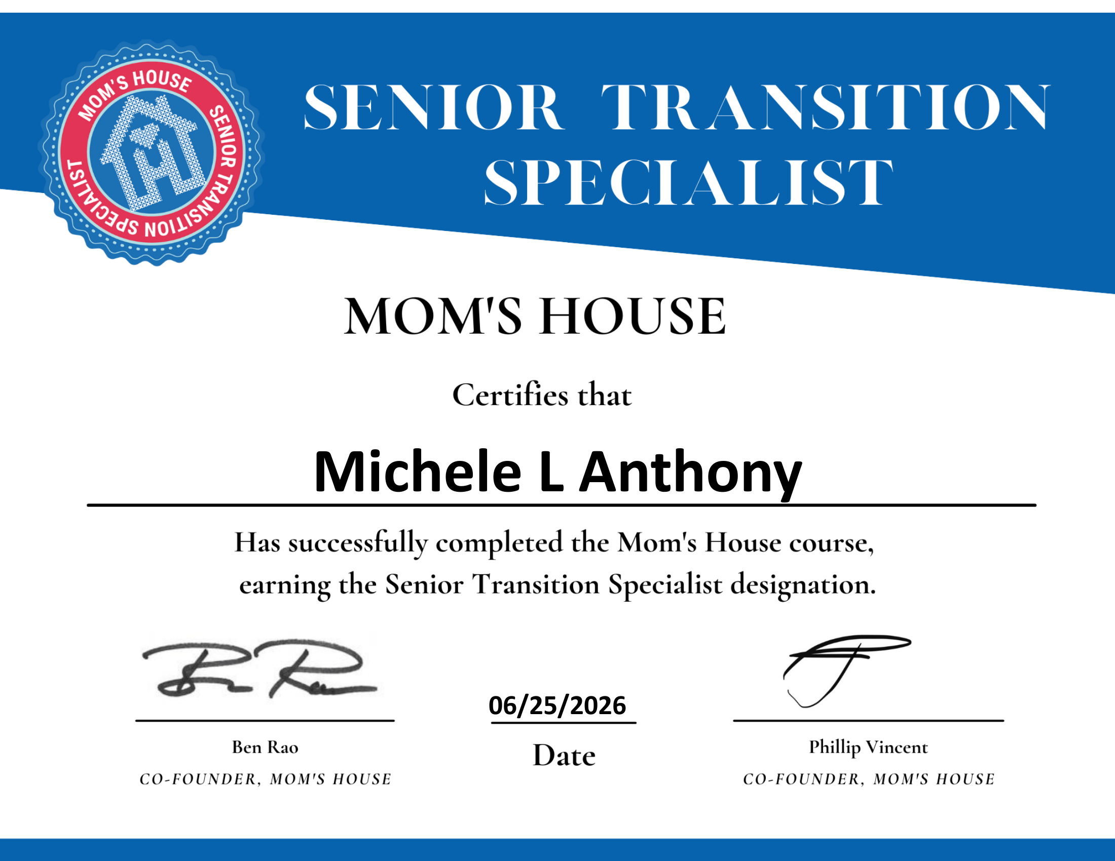 Mom's House Senior Transition Specialist certificate awarded to Michele L Anthony, dated June 25, 2026